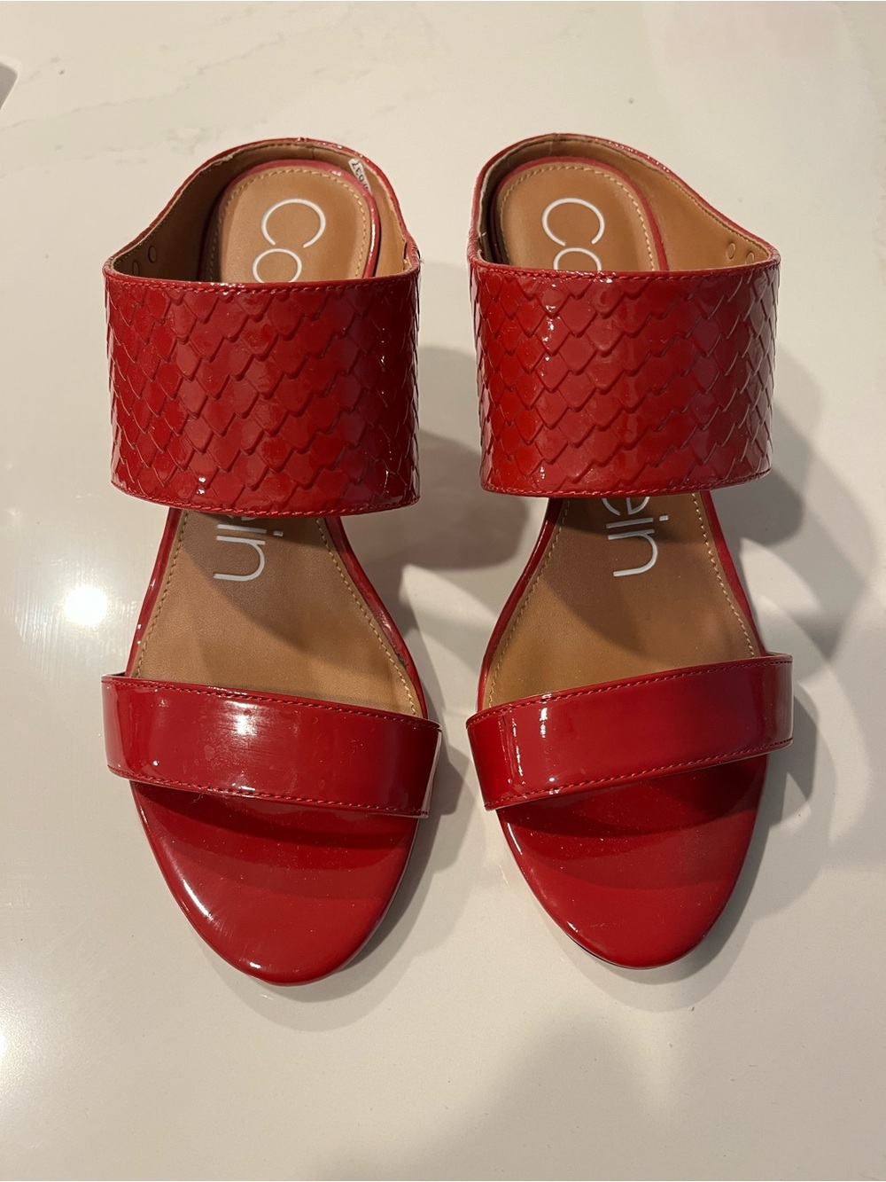 Calvin Klein Red Patent Leather Woven Sandals Heels Size 7.5